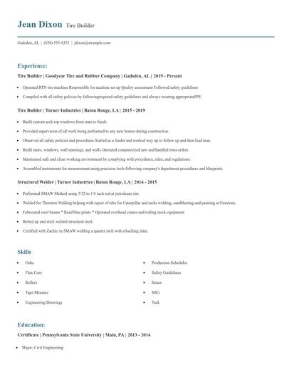 Tire Builder Resume