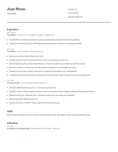 Tire Builder Resume