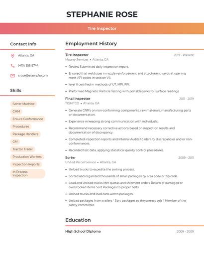 Tire Inspector Resume