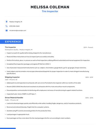 Tire Inspector Resume