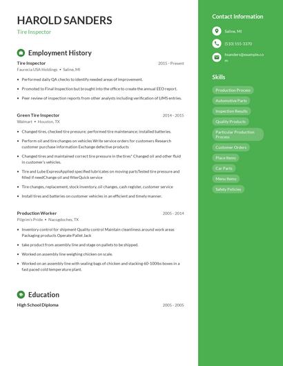 Tire Inspector Resume