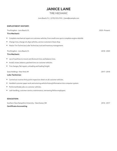Tire Mechanic Resume