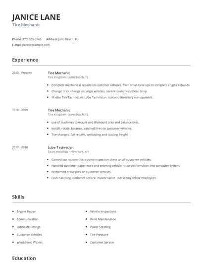 Tire Mechanic Resume