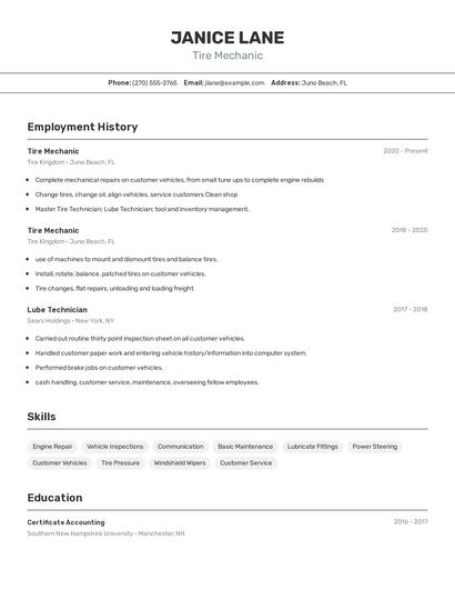 Tire Mechanic Resume