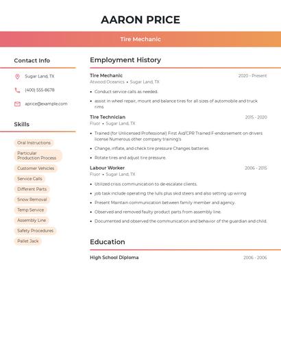 Tire Mechanic Resume