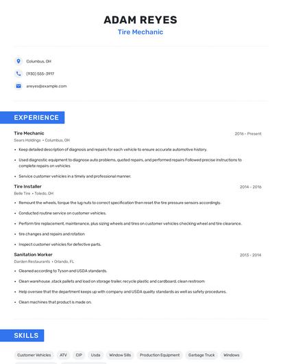 Tire Mechanic Resume