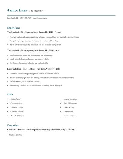 Tire Mechanic Resume