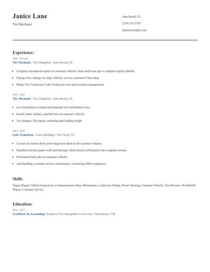 Tire Mechanic Resume