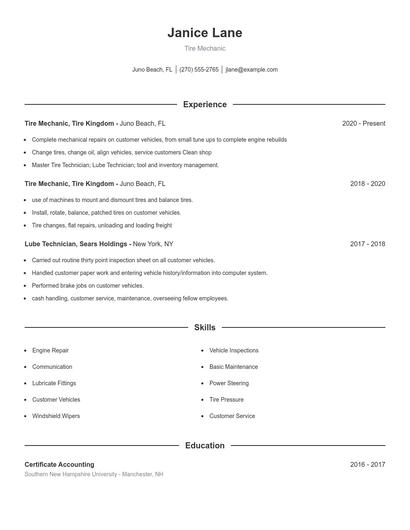 Tire Mechanic Resume