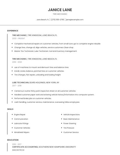 Tire Mechanic Resume