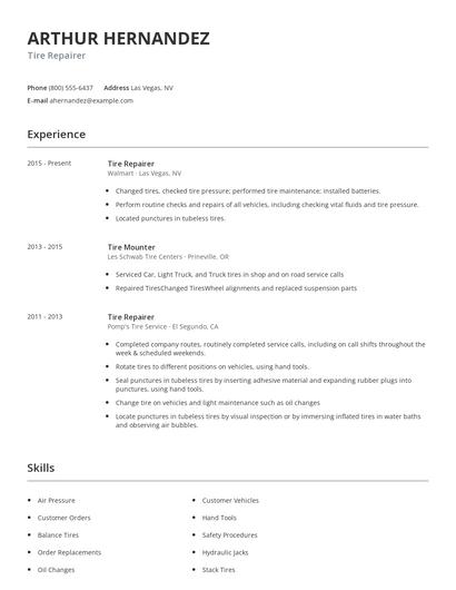 Tire Repairer Resume