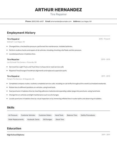Tire Repairer Resume