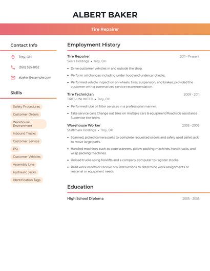 Tire Repairer Resume