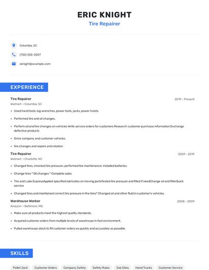 Tire Repairer Resume