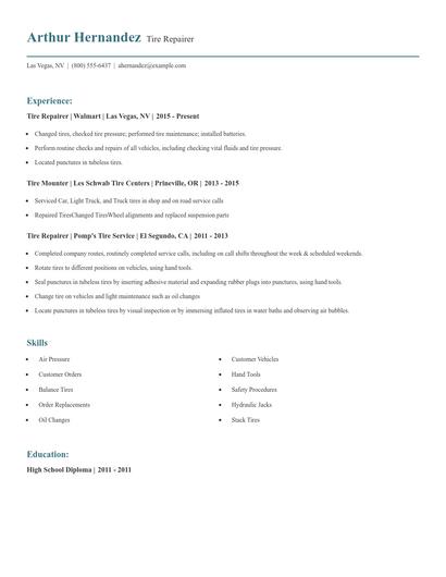 Tire Repairer Resume