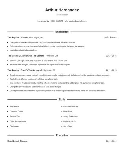Tire Repairer Resume