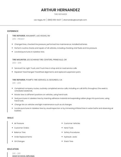 Tire Repairer Resume