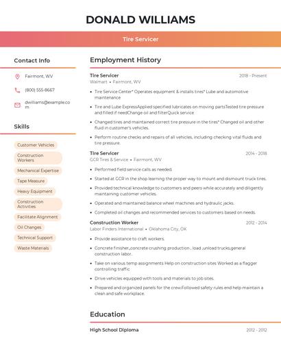 Tire Servicer Resume