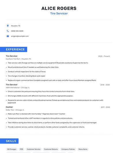 Tire Servicer Resume