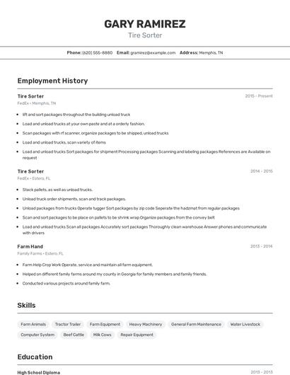 Tire Sorter Resume