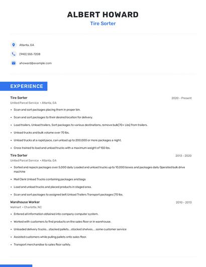 Tire Sorter Resume