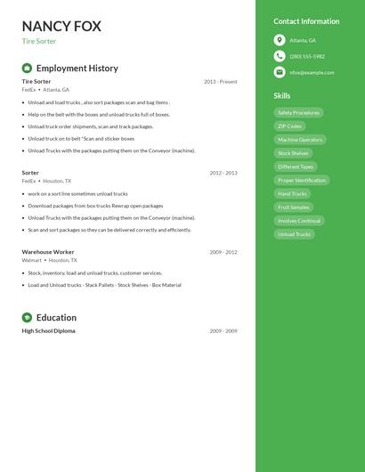 Tire Sorter Resume