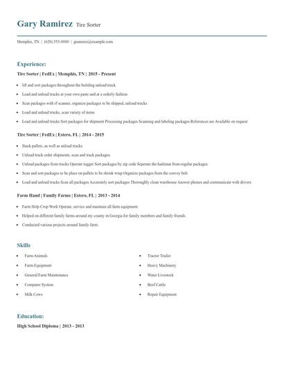 Tire Sorter Resume