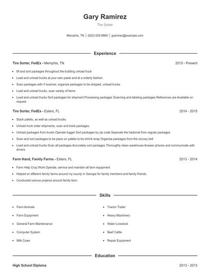 Tire Sorter Resume
