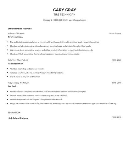 Tire Technician Resume
