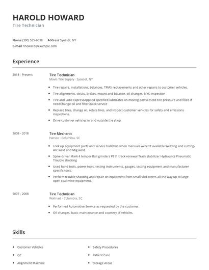 Tire Technician Resume