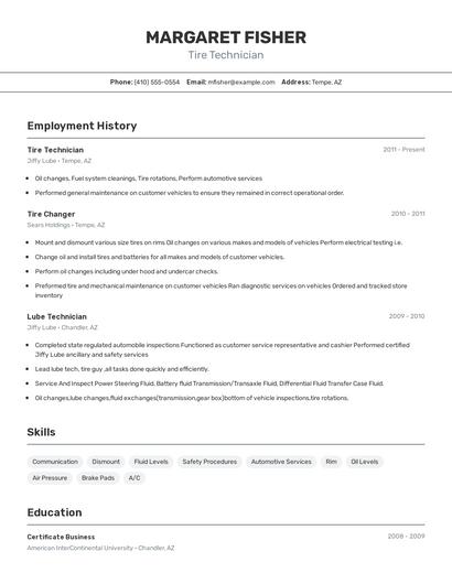 Tire Technician Resume
