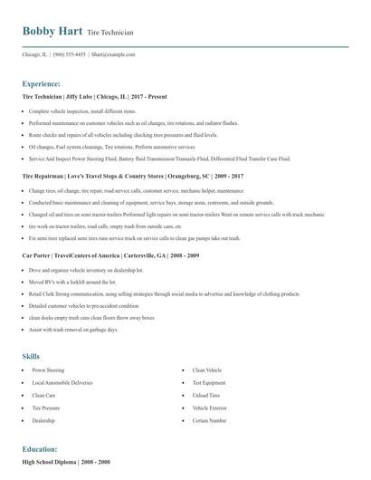 Tire Technician Resume
