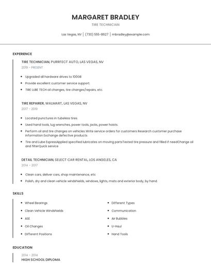 Tire Technician Resume