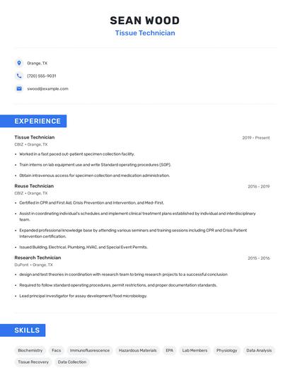 Tissue Technician Resume