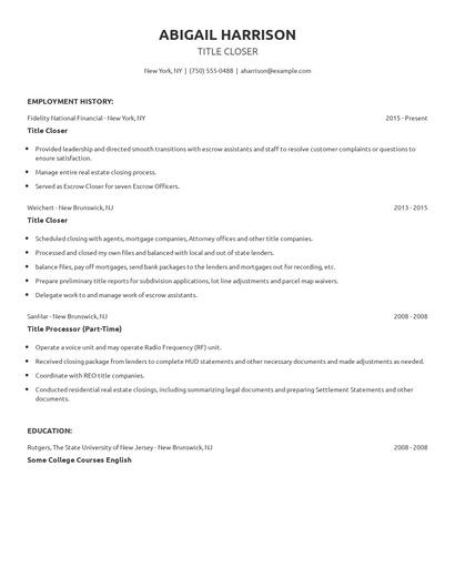 Title Closer Resume