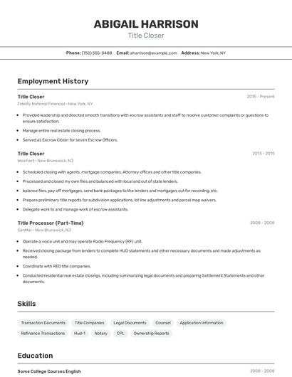 Title Closer Resume