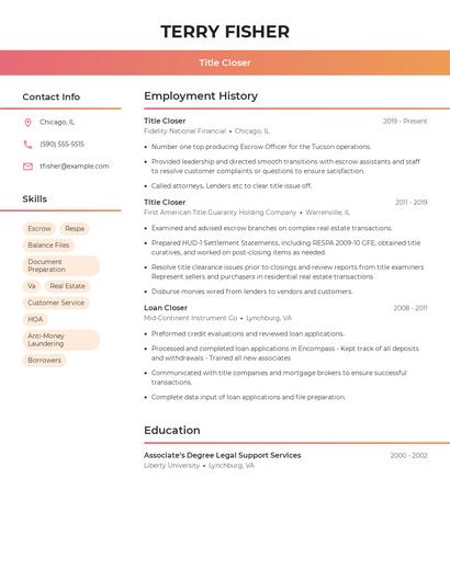 Title Closer Resume