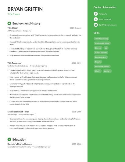 Title Closer Resume