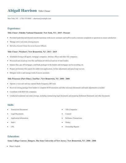 Title Closer Resume