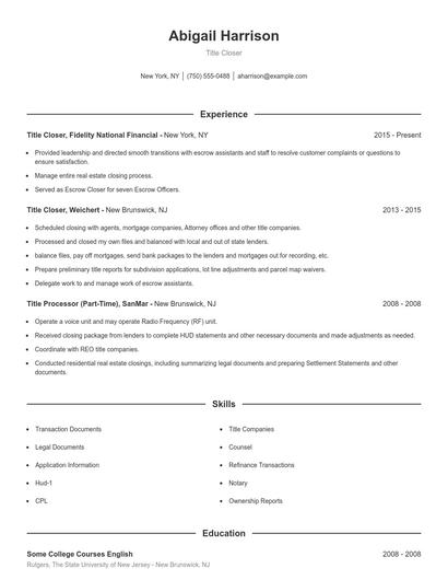 Title Closer Resume