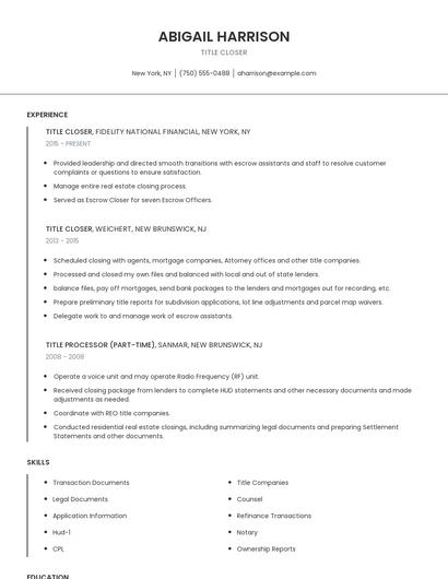 Title Closer Resume