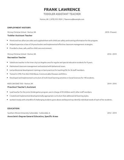 Toddler Assistant Teacher Resume