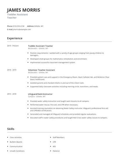Toddler Assistant Teacher Resume