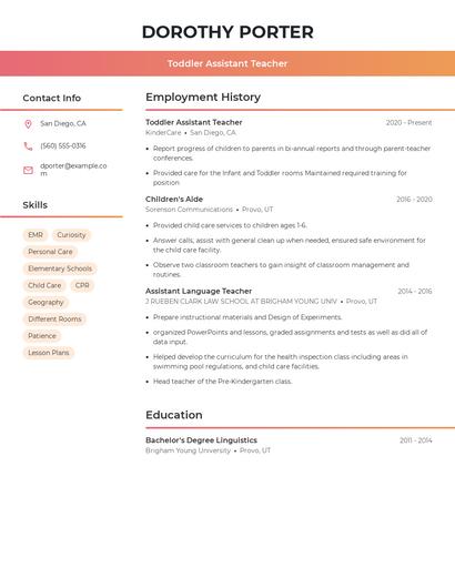 Toddler Assistant Teacher Resume