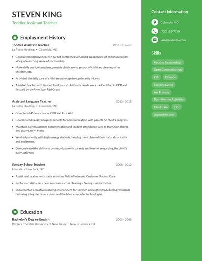 Toddler Assistant Teacher Resume
