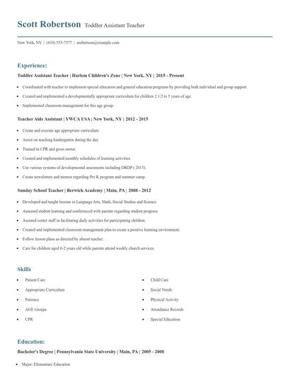 Toddler Assistant Teacher Resume