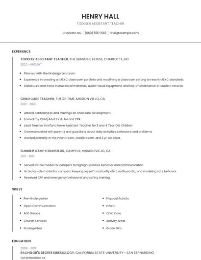 Toddler Assistant Teacher Resume