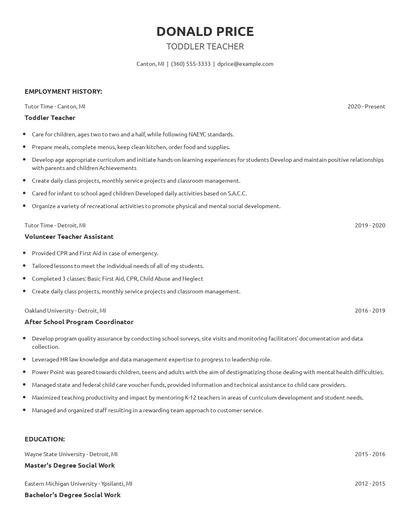 Toddler Teacher Resume