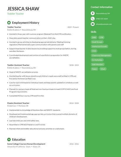 Toddler Teacher Resume