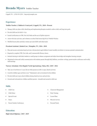 Toddler Teacher Resume